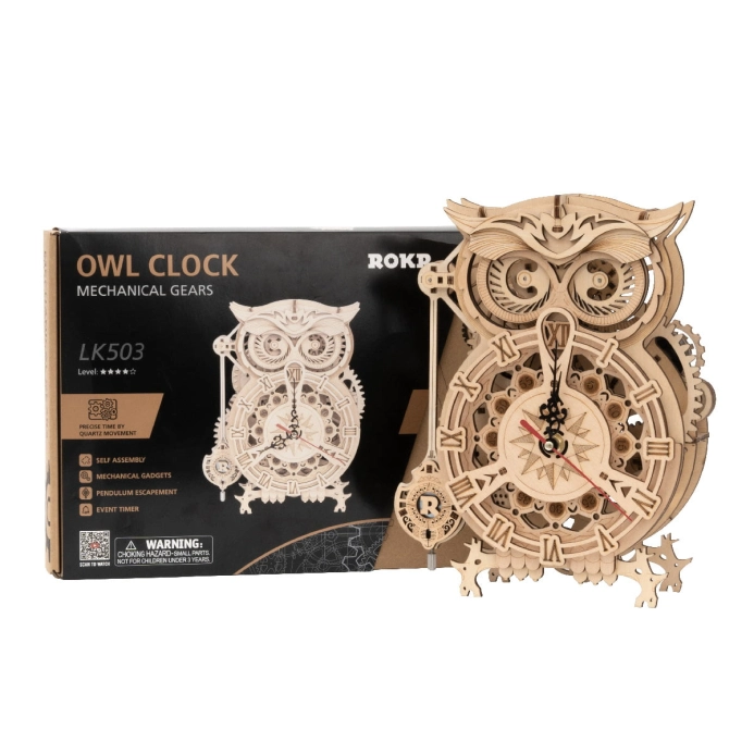 RoboTime 3D dřevěné mechanické puzzle Soví hodiny
