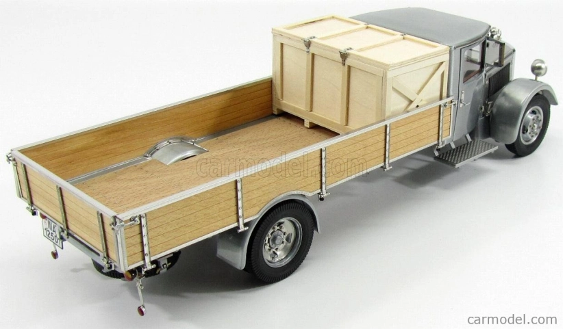 Cmc Mercedes Benz Lo2750 plošinový nákladný automobil s dreveným boxom Car Transporter 1936 1:18 sivé drevo