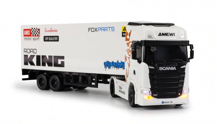 RC licencovaná Scania 730 S s návesom, GYRO, driftovacia, proporcionálny pohon 4x4, 1:64 RTR, biela