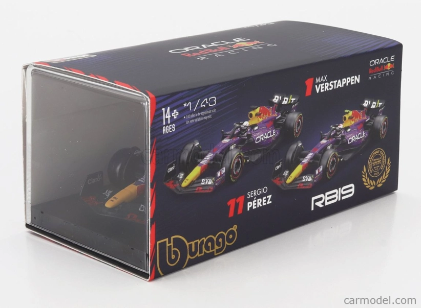 Bburago Red bull F1 Rb19 Team Oracle Red Bull Racing N 1 Víťaz majstrovstiev sveta Las Vegas Usa Gp 2023 Max Verstappen - s pilotom a vitrínou 1:43 Purple Yellow Red