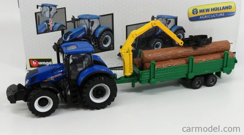 Bburago New holland T7.315 Tractor + Tree Forwarder And Wood 1:50 Modrozelené Dřevo