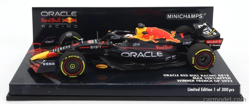 Minichamps Red bull F1 Rb18 Team Oracle Red Bull Racing N 1 Víťaz majstrovstiev sveta Francúzska 2022 Max Verstappen 1:43 Matná modrá žltá červená