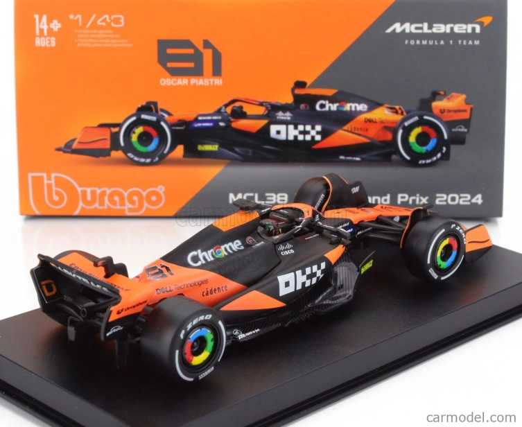 Bburago Mclaren F1  Mcl38 Team Mclaren N 81 Miami Gp 2024 Oscar Piastri - With Pilot And Showcase 1:43 Oranžová Černá
