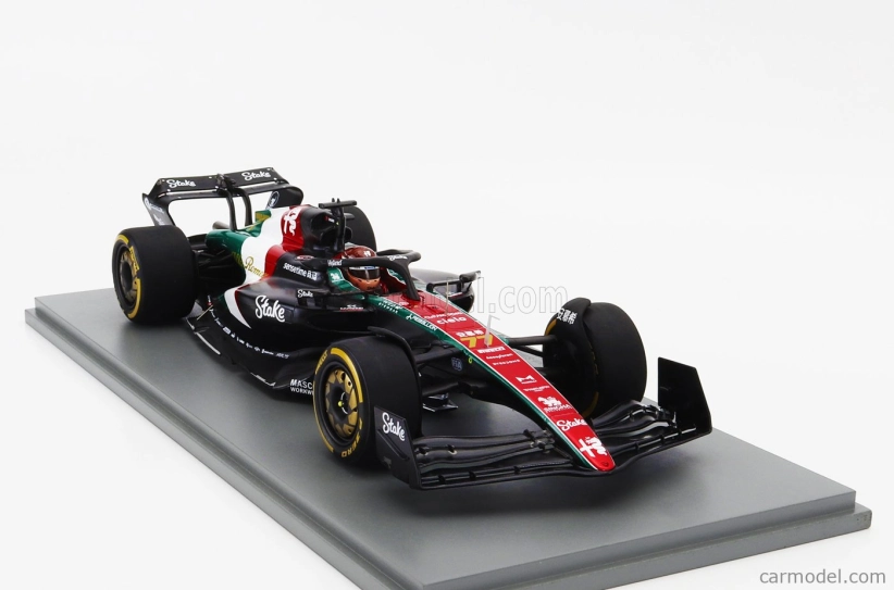 Spark-model Alfa romeo F1  C43 Team Stake N 77 Monza Italy Gp 2023 Valtteri Bottas 1:18 Černá Červená Bílá Zelená