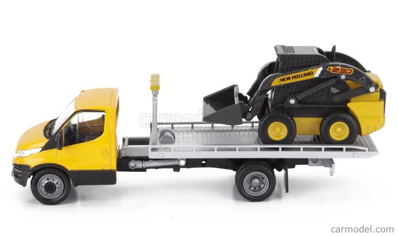 Newray Iveco fiat Daily Roll-off Pianale 2023 With Accessories + New Holland L228 Ruspa Gommata - Skid Steer Scraper Tractor 1:36 Žlutá Černá