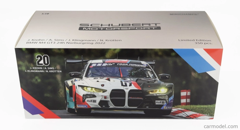 Minichamps BMW radu 4 M4 Gt3 Team Schubert Motorsport N 20 24h Nurburgring 2022 Jesse Krohn - Alexander Sims - Jens Klingmann - Niklas Krutten 1:18 Biela čierna červená modrá