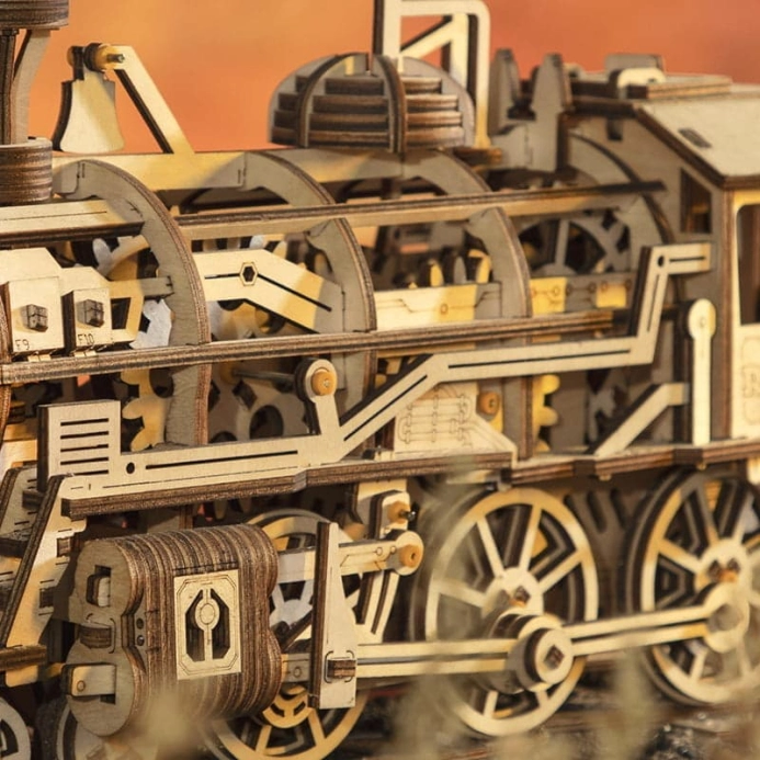RoboTime 3D drevené mechanické puzzle Parná lokomotíva