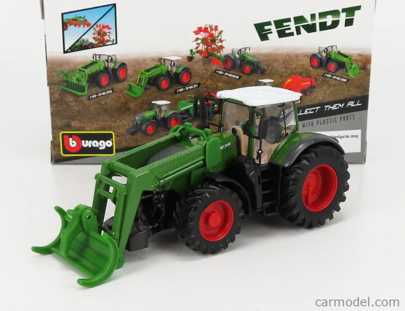 Bburago Fendt Vario 1050 Tractor With Front Logging Grab 2016 1:50 zelená sivá červená