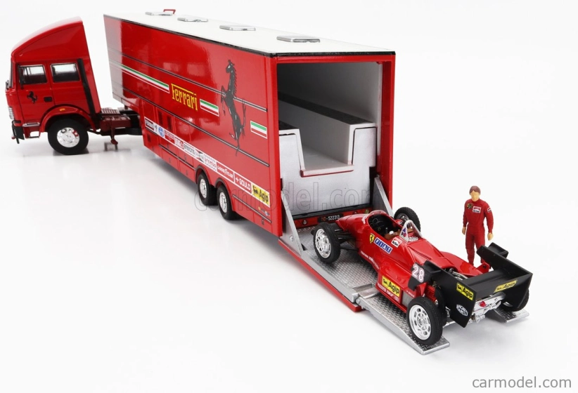 Brumm Iveco fiat Fiat Iveco 190 Truck Car Transporter Monaco Gp 1984 With 2x F1 Ferrari 126ck Turbo N 27 Michele Alboreto - N 28 Rene Arnoux + Figures And Accessories 1:43 Red