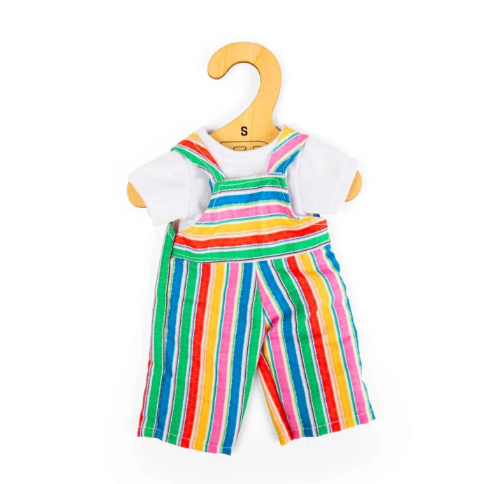 Bigjigs Toys Pruhované kalhoty s laclem a bílé tričko pro panenku 28 cm