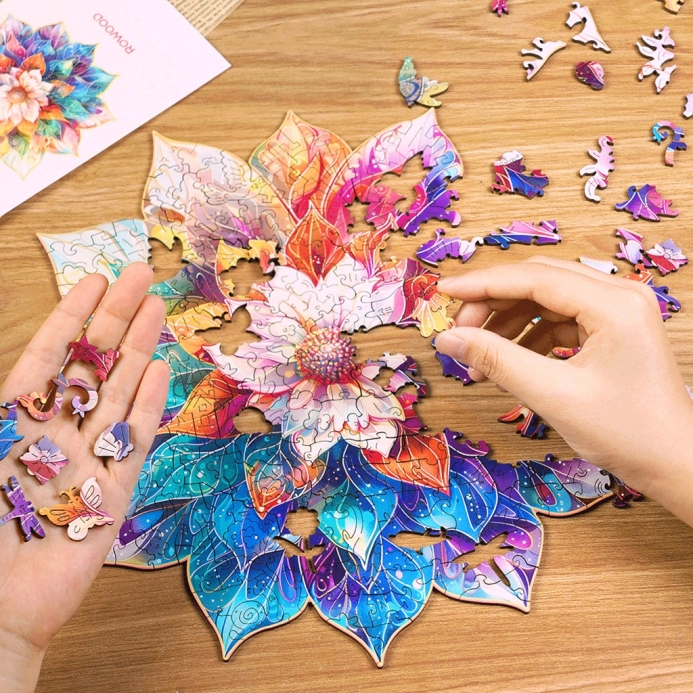 RoboTime Dřevěné puzzle Květinová mandala - poškozený obal