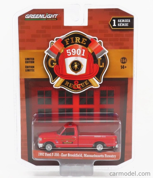 Greenlight Ford usa F-350 Pick-up East Brookfield Massachusetts Forestry Fire Engine 1992 1:64 Red