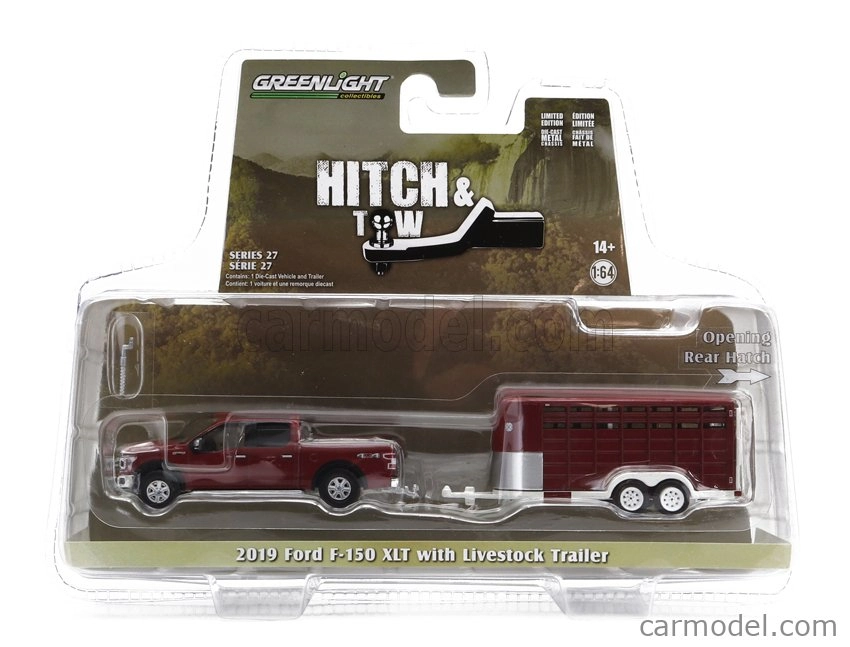 Greenlight Ford usa F-150 Xlt Pick-up 2019 s prívesom pre hospodárske zvieratá 1:64 Červená strieborná