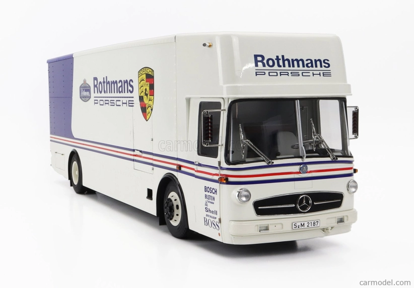 Schuco Mercedes benz O317 Truck Car Transporter Porsche Rothmans 1984 1:18 Bílá Modrá