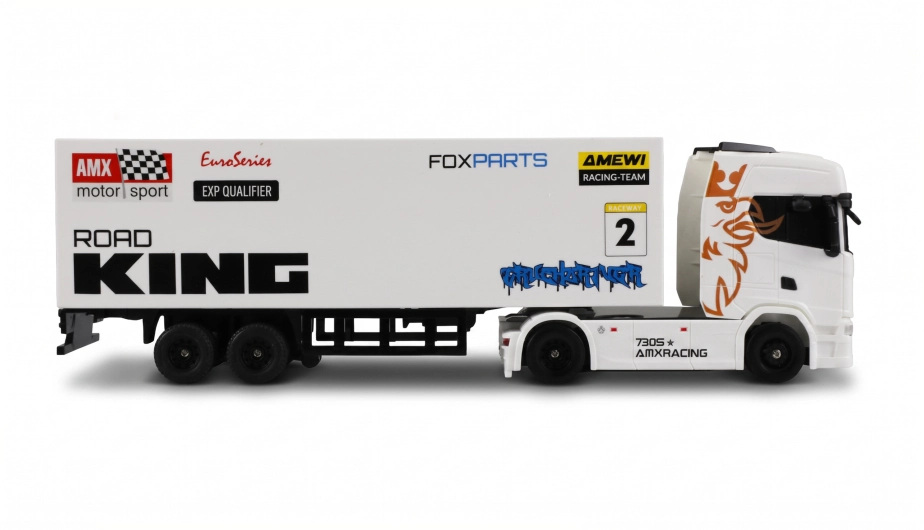 RC licencovaná Scania 730 S s návesom, GYRO, driftovacia, proporcionálny pohon 4x4, 1:64 RTR, biela