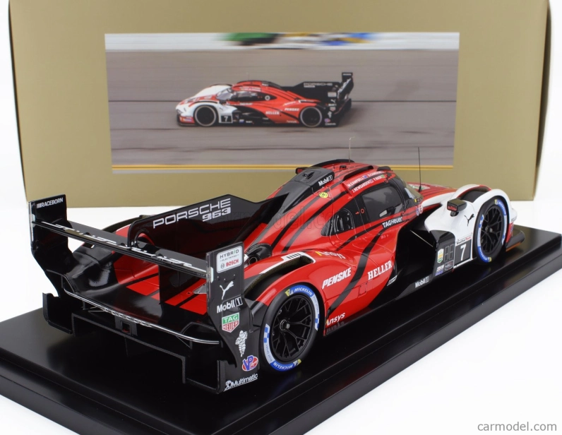 Spark-model Porsche 963 9rd 4.6l Turbo V8 Team Porsche Penske Motorsport N 7 Winner 24h Daytona 2024 Matt Campbell - Dane Cameron - Felipe Nasr - Josef Newgarden - Con Vetrina - S vitrínou 1:18 Červená Biela Čierna