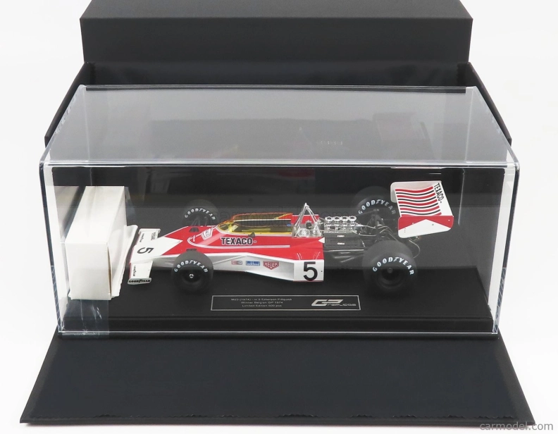 Gp-repliky Mclaren F1 M23 Ford Texaco N 5 Víťaz belgických pretekov Emerson Fittipaldi 1974 Majster sveta 1:18 Červená biela