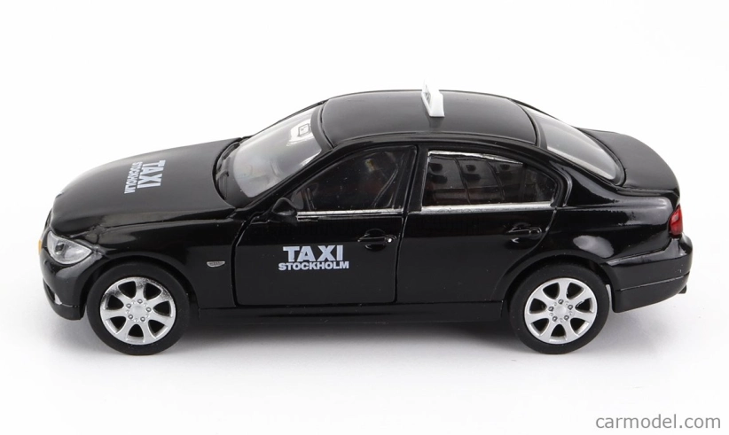 Welly BMW 3-series 330i Taxi Stoccolma Švédsko 2008 - poškodenie karty Box 1:38 čierna