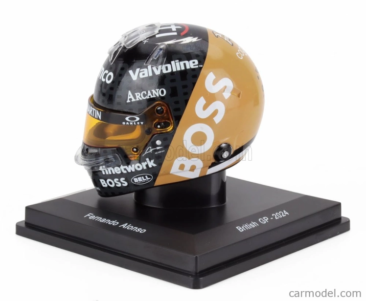 Spark-model Bell helmet Casco Helmet F1 Fernando Alonso Team Aramco Cognizant Aston Martin N 14 British Gp 2024 1:5 Černé Zlato