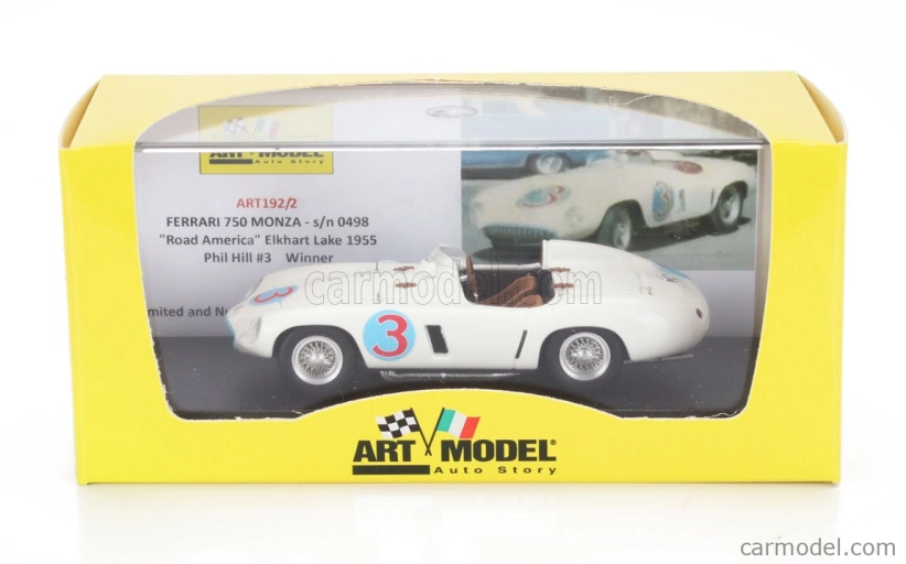 Umelecký model Ferrari 750 Monza Spider S/n.0498 N 3 Winner Road America Elkhart Lake 1955 Phil Hill 1:43 Biela