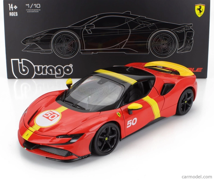 Bburago Ferrari Sf90 Stradale Hybrid 1000hp N 50 24h Le Mans Livery - Con Vetrina - With Showcase - Exclusive Carmodel 1:18 Červená Žlutá