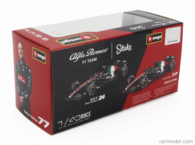 Alfa Romeo C43 F1 Stake 2023 – Échelle 1:43 (12cm) – Pilote Bottas N°77 – Maquette Bburago 38085