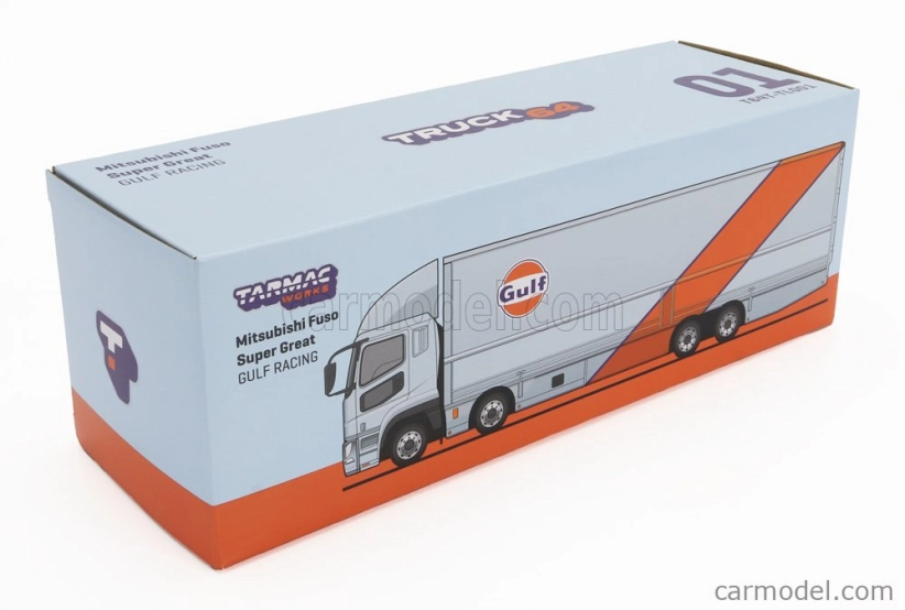 Tarmac Mitsubishi Fuso Truck Car Transporter Gulf Racing Livery 4-assi 2023 - autá nie sú súčasťou balenia 1:64 svetlo modrá oranžová