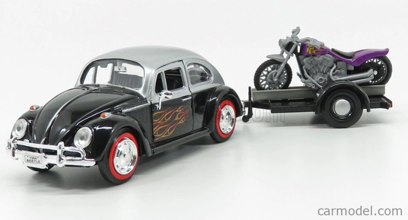 Motor-max Volkswagen Beetle Maggiolino + Trailer With Motorcycle 1959 1:24 Černá Stříbrná
