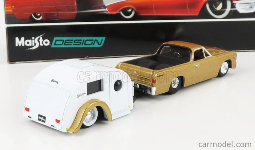 Maisto Chevrolet El Camino Pick-up With Trailer Roulotte 1967 1:64 zlato-biela