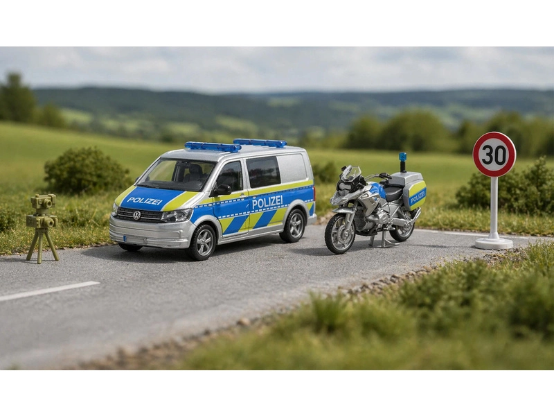 SIKU Super – Volkswagen T6 policajná dodávka s motorkou 1:50