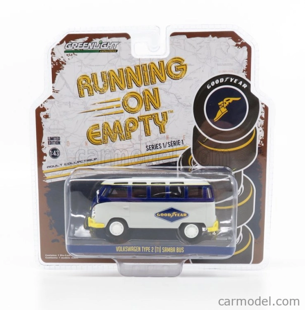 Greenlight Volkswagen T1 Samba Minibus Goodyear 1964 - Blister Box 1:43 Šedá modrá žltá