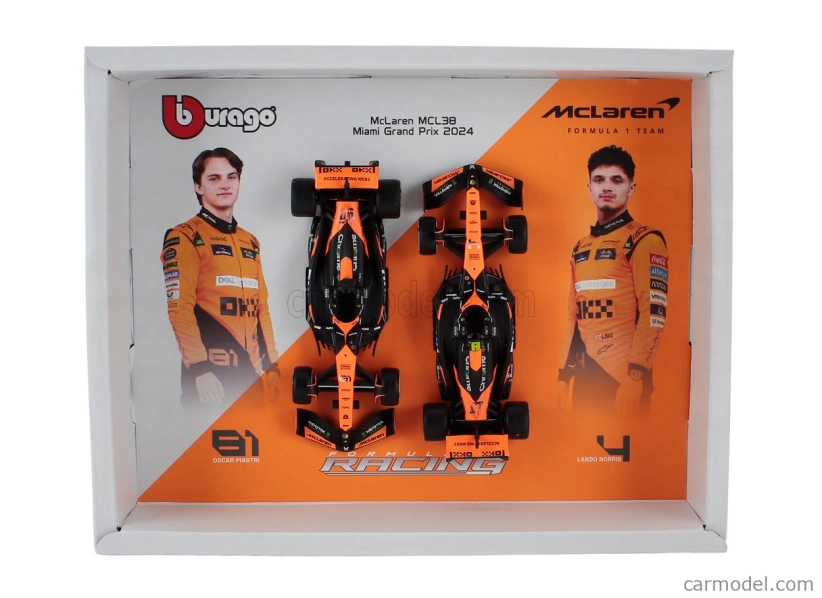 Bburago Mclaren F1 Set 2x Mcl38 Team Mclaren N 4 Winner Miami Gp 2024 Prvé víťazstvo F1 Lando Norris + N 81 Oscar Piastri 1:43 Orange Black
