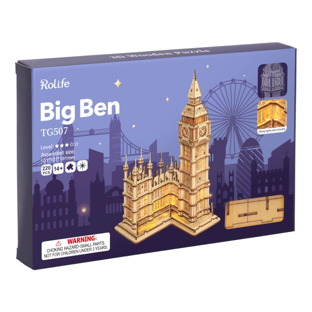 RoboTime Drevené 3D puzzle Hodinová veža Big Ben Shining