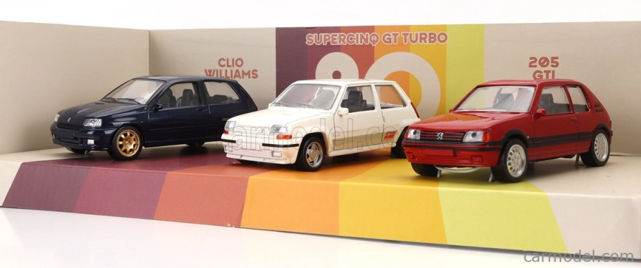 Norev Renault Set 3x Jet-car Clio Williams 1993 - R5 Supercinque Gt Turbo 1988 - Peugot 205 Gti 1.6 1984 1:43 Rôzne