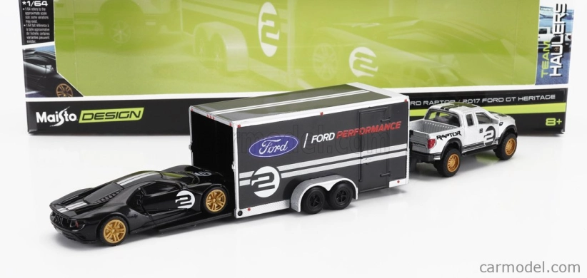 Maisto Ford USA F-150 Raptor Pick-up 2010 With Trailer Car Transporter + Gt N 2 2017 1:64 čierna strieborná