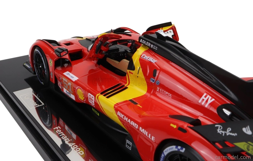 Bburago Ferrari 499p 3.0l Turbo V6 Team Ferrari Af Corse N 51 Winner 24h Le Mans 2023 Alessandro Pier Guidi - James Calado - Antonio Giovinazzi - With Showcase - Exclusive Carmodel 1:18 Červená Žlutá Černá