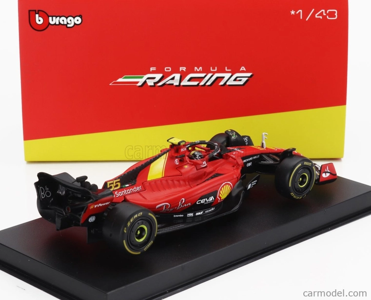 Bburago Ferrari F1 Sf-23 Team Scuderia Ferrari N 55 Pole Position 3rd Monza Italy Gp 2023 Carlos Sainz – With Pilot And Showcase 1:43 červená čierna žltá
