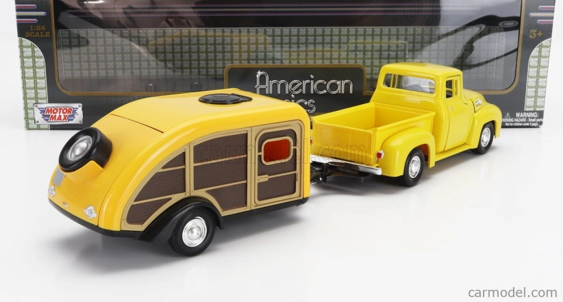 Motor-max Ford usa F-100 Pick-up With Trailer Roulotte 1955 1:24 Žluté Dřevo