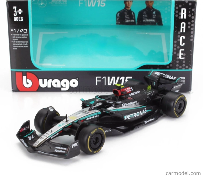 Bburago Mercedes gp F1 W15 Eq Performance Team Amg Petronas Motorsport N 44 Season 2024 Lewis Hamilton 1:43 čierna strieborná zelená