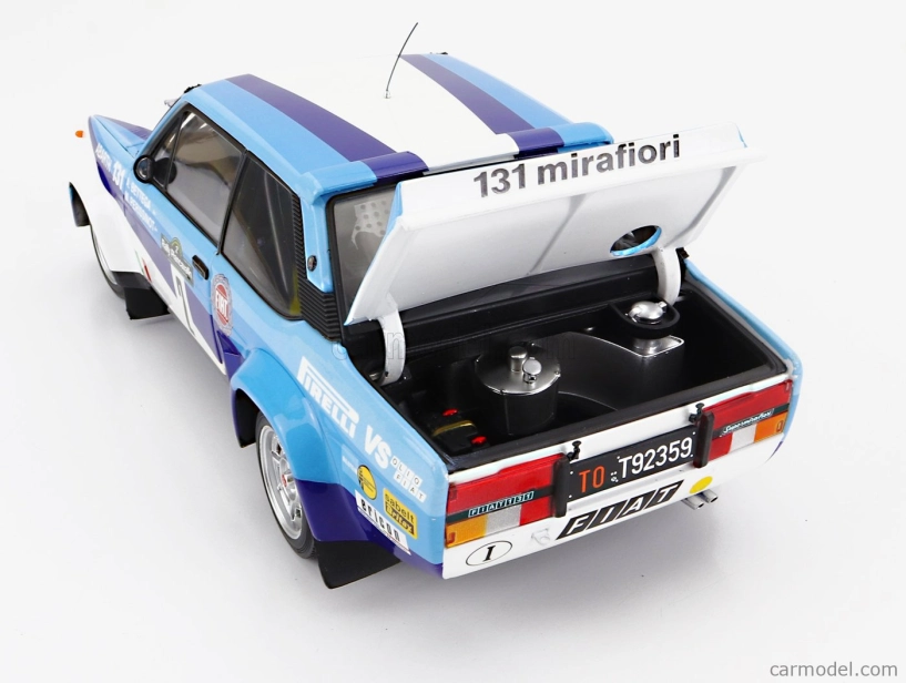 Kyosho Fiat 131 Abarth N 2 Winner Rally Piancavallo 1981 1:18, bílomodrá