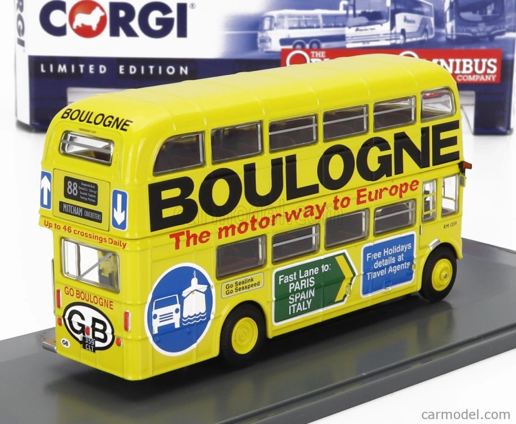 Corgi AEC Type Rm Autobus London Transport Boulogne Route 88 Mitcham Cricketers 1949 1:76 Žlutá