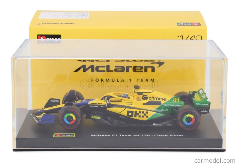 Bburago Mclaren F1  Mcl38 Team Mclaren N 81 2nd Monaco Gp (senna 30th Anniversary) 2024 Oscar Piastri - With Pilot And Showcase 1:43 Žlutá Zelená Černá