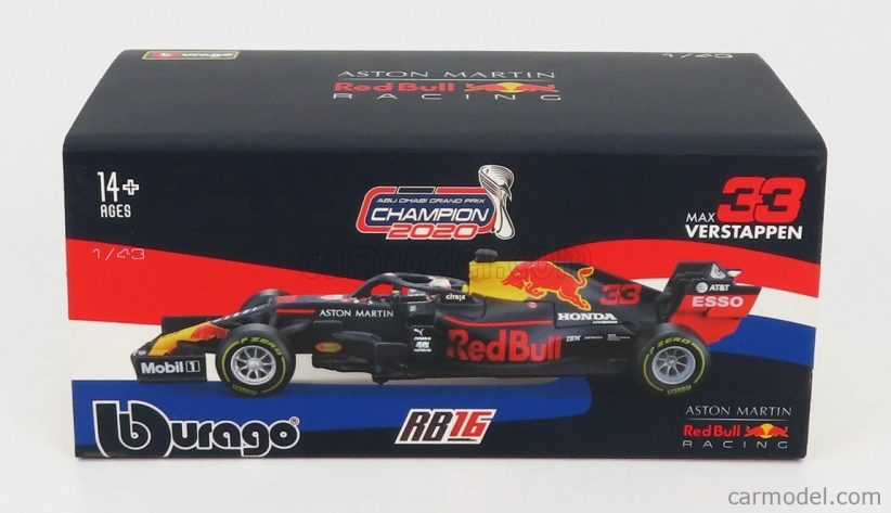 Bburago Red bull F1 Rb16 Honda Team Aston Martin N 33 Winner Abu Dhabi GP 2020 Max Verstappen - Con Pilot E Vetrina - With Pilot And Showcase 1:43 Matte Blue Yellow Red