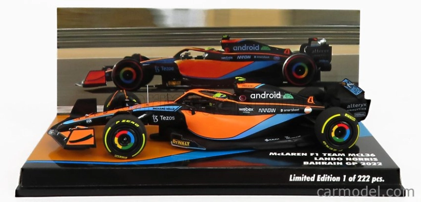 Minichamps Mclaren F1  Mcl36 Team Mclaren N 4 Bahrain Gp 2022 Lando Norris 1:43 Oranžová Světle Modrá