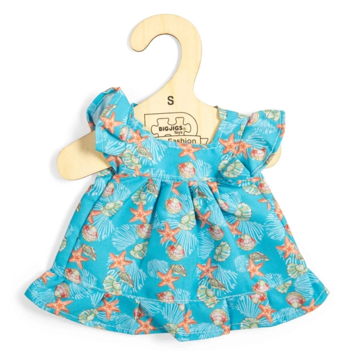 Bigjigs Toys Modré šaty s mušľami pre bábiku 28 cm