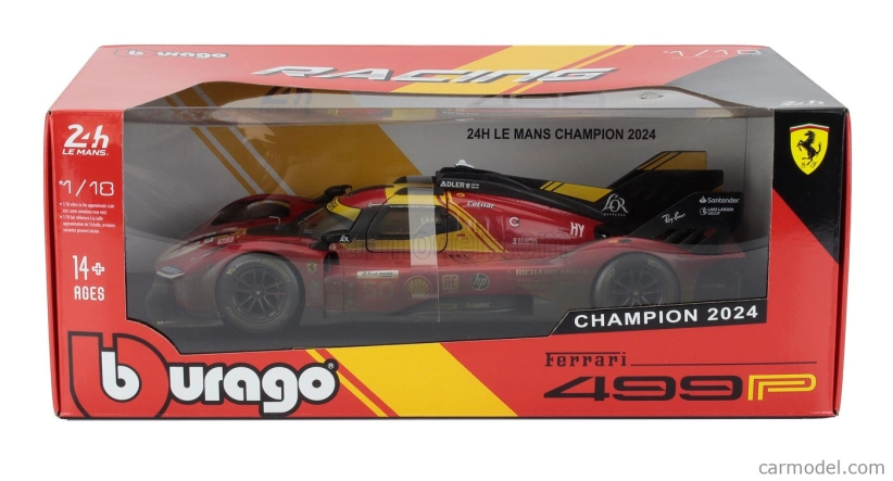 Bburago Ferrari 499p 3.0l Turbo V6 Team Ferrari Af Corse N 50 Winner 24h Le Mans (after Race Version) 2024 Antonio Fuoco - Miguel Molina - Nicklas Nielsen 1:18 Red