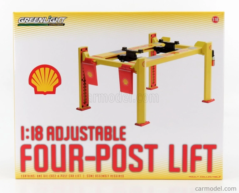 Greenlight Accessories Shell Garage Set Officina - Ponte Sollevatore Auto - Four Post Lift 1:18 Žlutá Červená