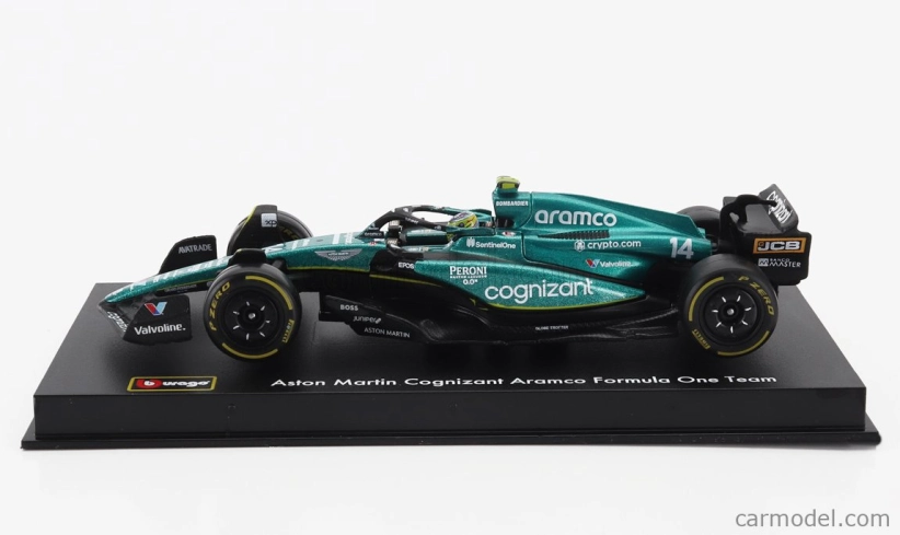 Bburago Aston martin F1 Amr23 Team Aramco Cognizant N 14 Season 2023 Fernando Alonso – With Pilot And Showcase 1:43 zelená