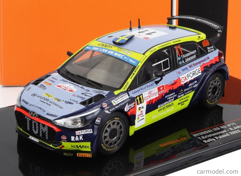Ixo-models Hyundai I20 R5 N 11 Rally Polen 2022 T.kristensson - A.johansson 1:43 Svetlo modrá žltá červená čierna