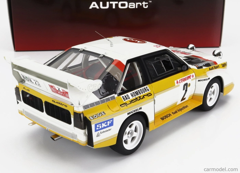 Autoart Audi Quattro Sport S1 (nočná verzia) N 2 4th Rally Montecarlo 1986 S figúrkou W.rohrl - C.geistdorfer 1:18 Žltá Biela Červená
